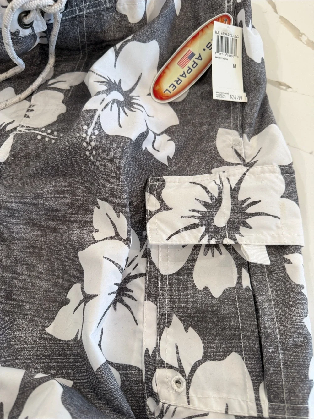 US Apparel Men's Gray & White Floral Swim Trunks